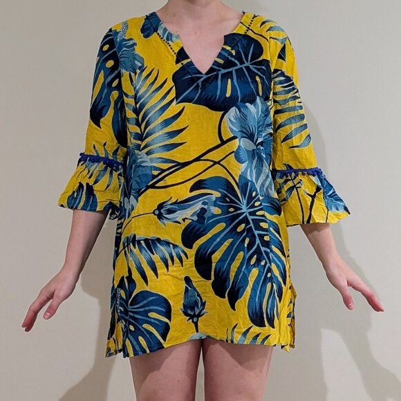Azucar Other - Azucar Yellow with Blue Leaves Women's Swimwear Coverup, Size L